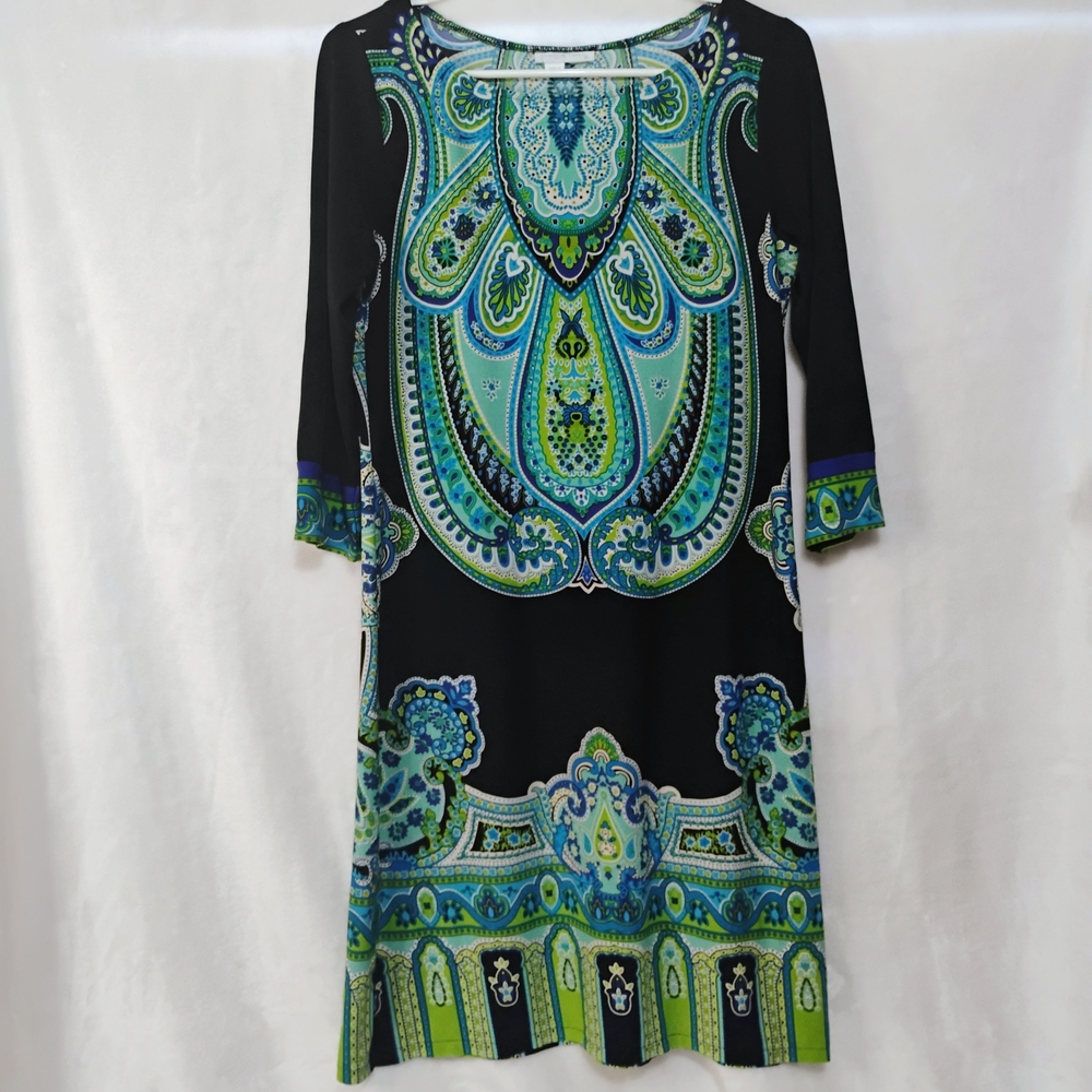 London Times Paisley Medallion Sheath Dress Black Blue Green 3/4 Sleeve N